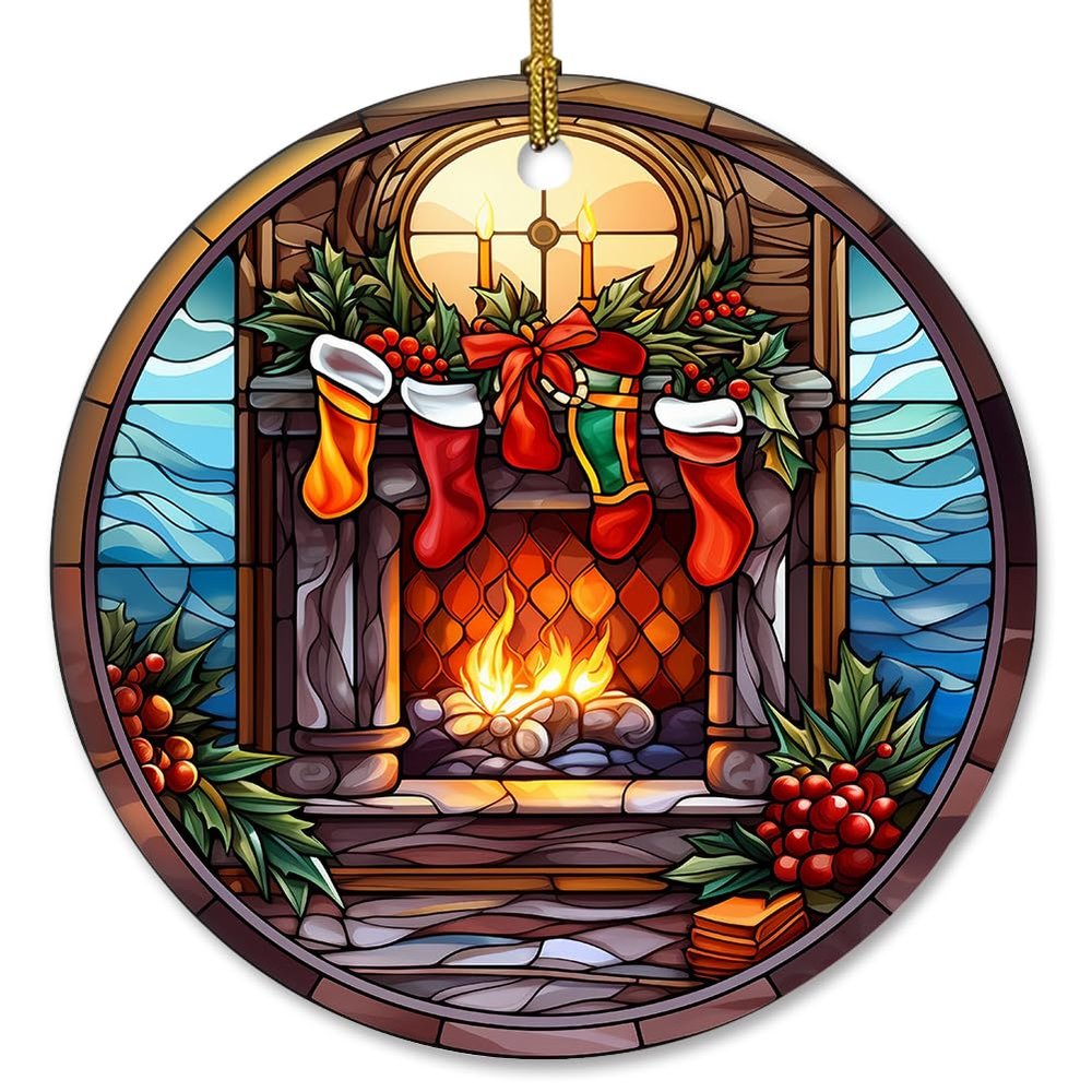 Elegant Stained Glass Ceramic Christmas Ornament for Fireplace Mantle and Tree Decor