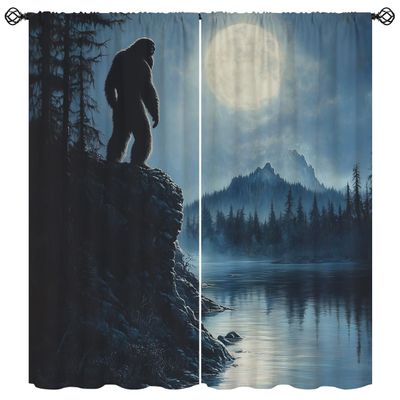 Bigfoot Blackout Curtains for Girls Boy Home Decor, Cool Mystery Sasquatch Moon Forest Rod Pocket Thermal Insulated Drapes Darkening Window Curtain for Bedroom Living Room, 42 x 63 Inch