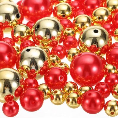 PATIKIL 120 Pieces Vase Fillers Pearls, 14/20/30 mm Vase Filler Pearl Bead Vase Centerpieces Floating Pearl Bead with Hole for Vase Decoration, Gold/Red