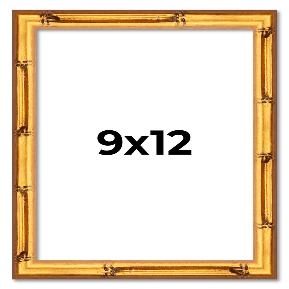 9x12 Frame Gold Bamboo Picture Frame | 0.75 Inch Moulding Width | 0.625 Inches Rabbet Depth | Solid Wood Frame Complete with UV Acrylic Plexiglass, Foam Board Backing & Hanging Hardware
