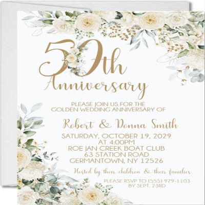 Party Beautifully 50th Wedding Anniversary Invitations, White Rose Garden, Gold Lettering, Personalized, Set of 12 Invitations with Envelopes
