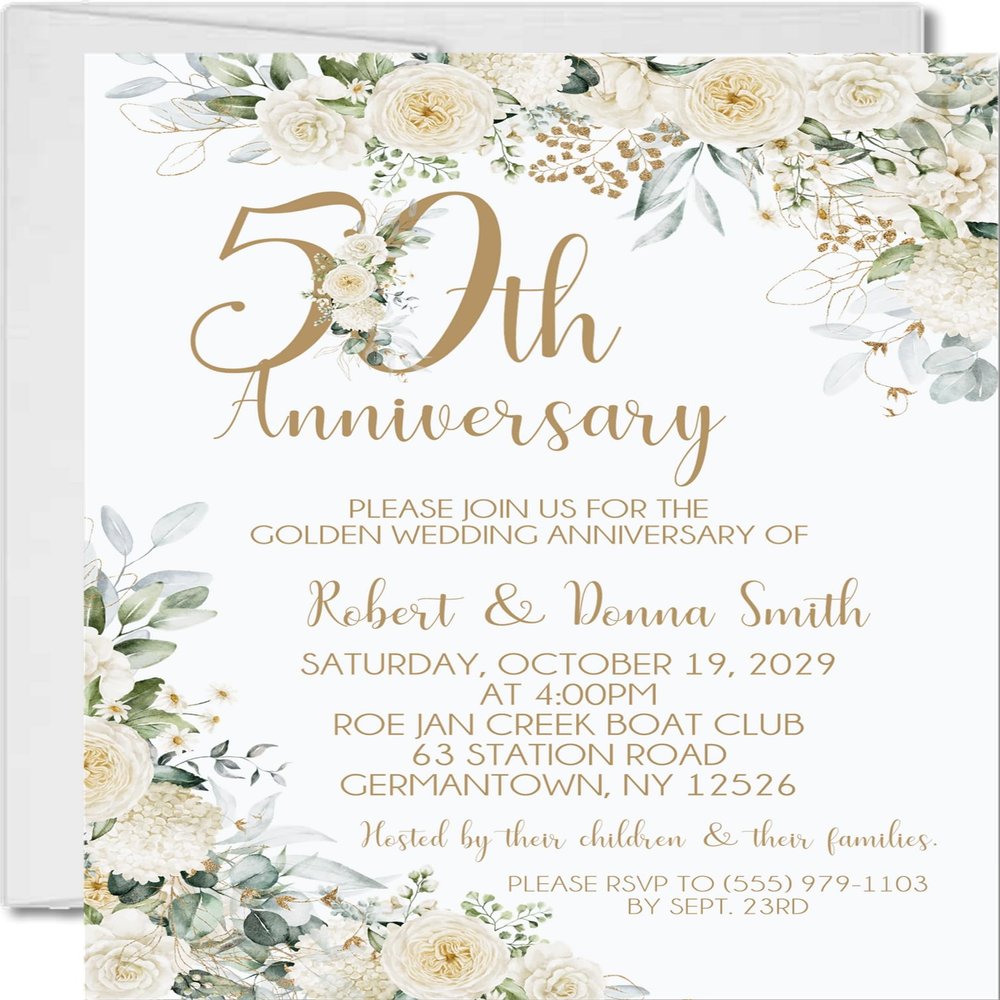 Party Beautifully 50th Wedding Anniversary Invitations, White Rose Garden, Gold Lettering, Personalized, Set of 12 Invitations with Envelopes