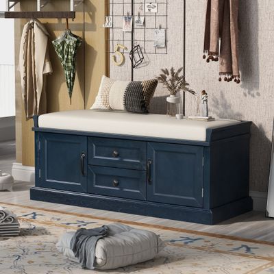 Antique Navy Storage Shoe Bench with 2 Drawers Cabinets Removable Cushion Living Room Entryway Blue Solid Vintage Wood Included