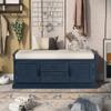 Antique Navy Storage Shoe Bench with 2 Drawers Cabinets Removable Cushion Living Room Entryway Blue Solid Vintage Wood Included view 2