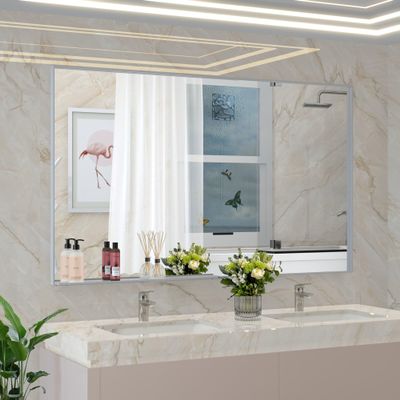 60 Inches Rectangular Framed Wall Mounted Mirror with Removable Tray 60" X 36" Silver Modern Contemporary Includes Hardware