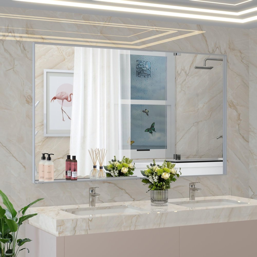 60 Inches Rectangular Framed Wall Mounted Mirror with Removable Tray 60" X 36" Silver Modern Contemporary Includes Hardware