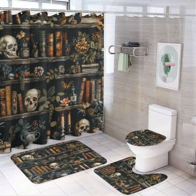 TOWINSFB 4Pcs Cartoon Library Bookshelf Shower Curtain Sets Bathroom Decor, Gothic Skull Flower Bookcase Shower Curtain with Non Slip Rug, Toilet Lid Cover, Bath Mat and 12 Hooks 72W x 72L