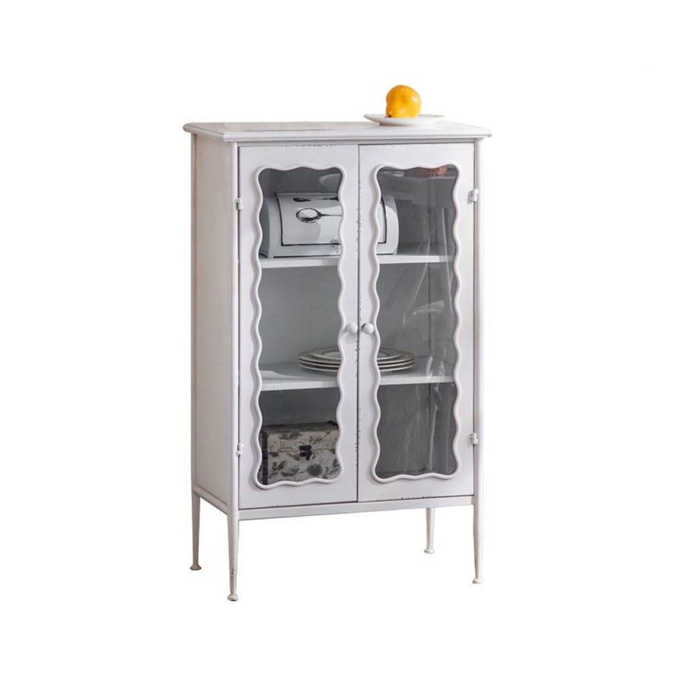 SONGCHAO Coffee Bar Cabinet Retro Iron Old Glass Sideboard Cabinet Living Room White Storage Sideboard Restaurant Wine Cabinet Buffet Cabinet with Storage