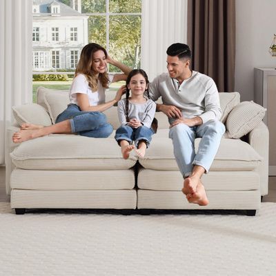 80Modern Loveseat Sofa,Modular Sectional Couches Recliner, Ultra-Soft Corduroy 2 Seater Sofa with Upholstered Back Seat Cushion and 2 Ottomans for Small Spaces, Living Room, Bedroom (Beige)