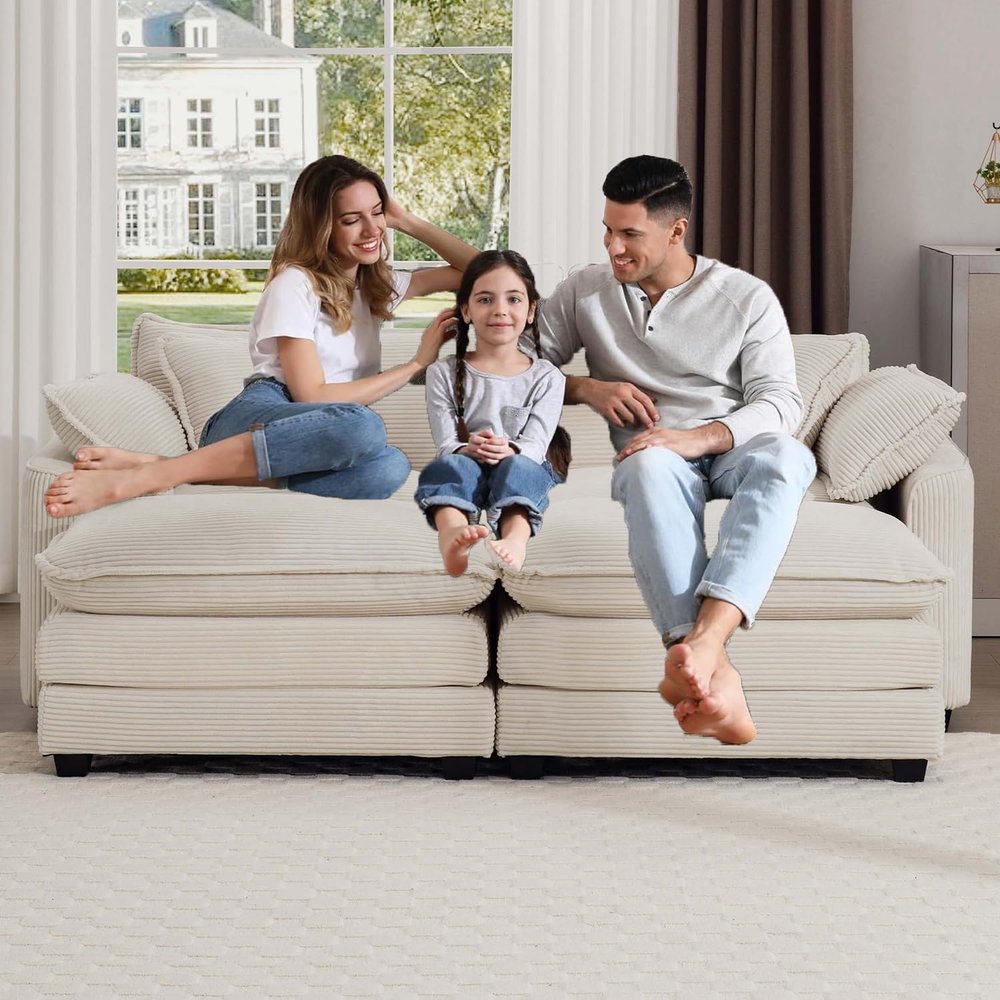 80Modern Loveseat Sofa,Modular Sectional Couches Recliner, Ultra-Soft Corduroy 2 Seater Sofa with Upholstered Back Seat Cushion and 2 Ottomans for Small Spaces, Living Room, Bedroom (Beige)