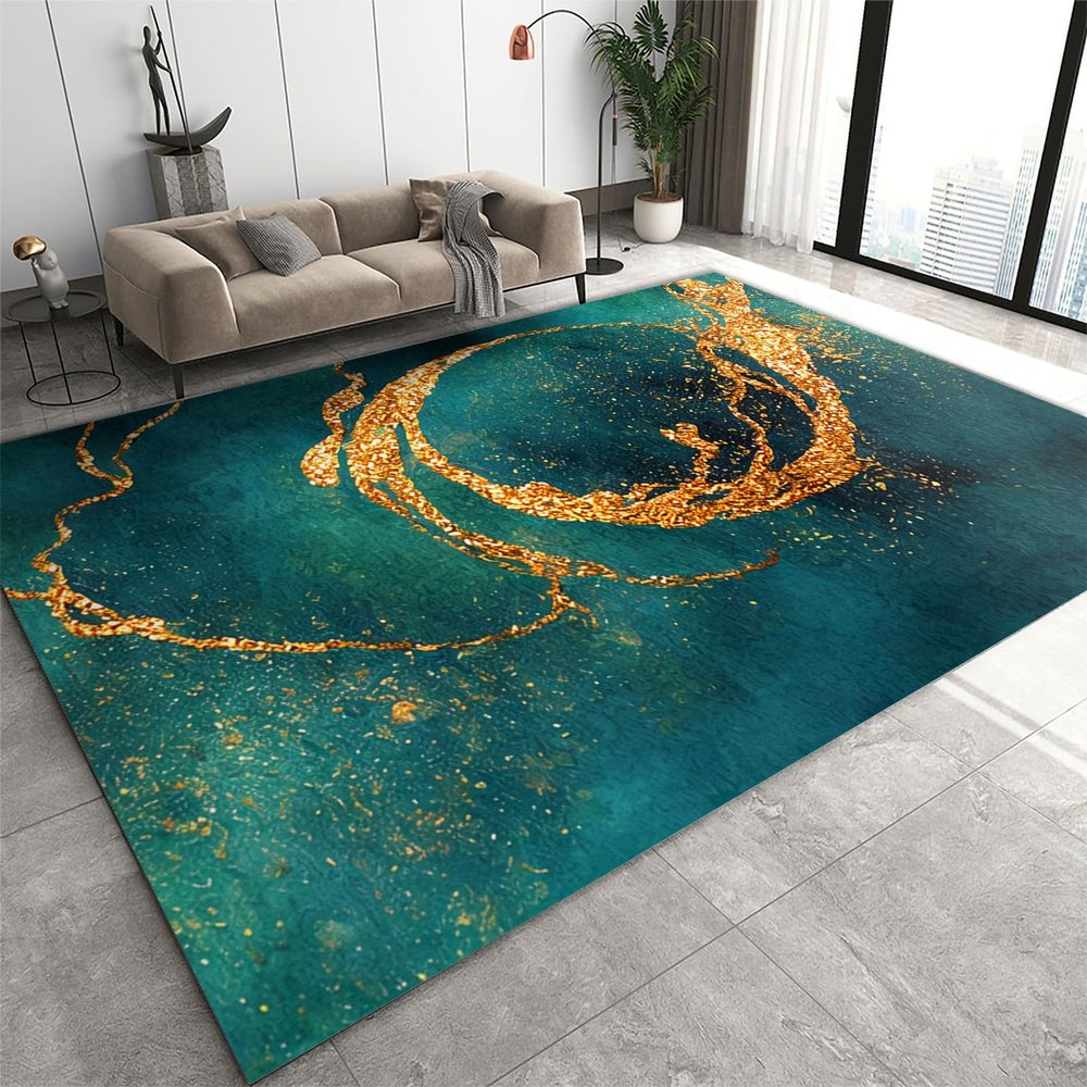 Luxurious Emerald Green Area Rug, Light Luxury Sprinkled Gold Art Rugs for Living Room, Low Pile Soft Non-Slip Carpet for Bedroom Study Office Kitchen Dining Room Decor Floor Mat - 4 ft x 6 ft