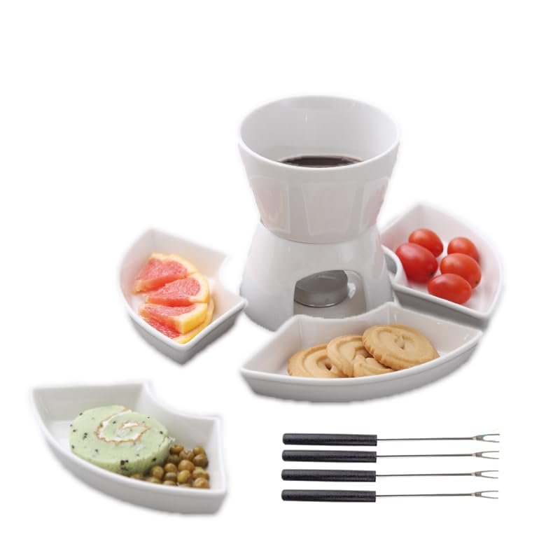 Fondue Pot Set,Ceramic Butter Warmer Set with 4 Forks and 4 Dishes,Cheese Fondue Pot,Fondue Pot Melting Pot Set,Melt Hot Pot Bowl Set For Cheese Chocolate Butter Caramel