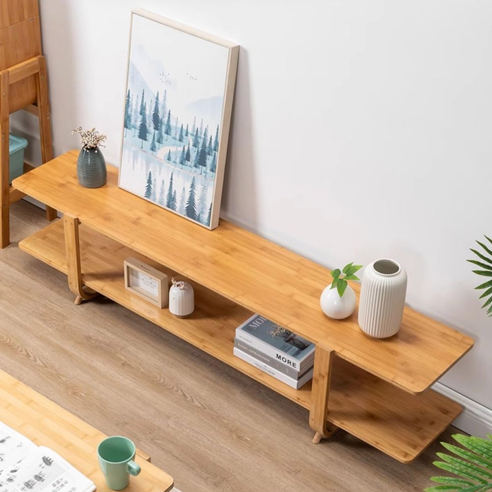 DEOPXF Bamboo TV Stand 2-Tier Entertainment Center with Open Shelves TV Unit Rounded Corners Console Table for Living Room Bedroom(160x35x36cm)