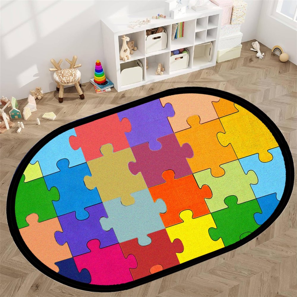 Srocvi Colorful Puzzle Rug Childrens Playing Education Learning Oval Area Rugs Boys Girls Playtime Area Rug for Indoor Kid Room Playroom Nursery Classroom, 3x5ft