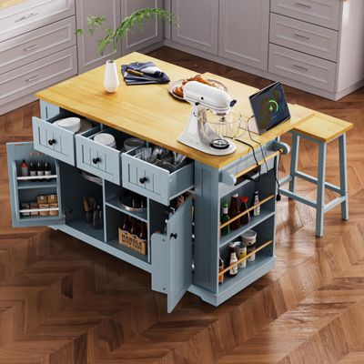 Wood Kitchen Island with Power Outlet and Drop Leaf, Kitchen Storage Island with 3 Drawers and 2 Doors, Rolling Kitchen Cart on 5 Wheels with 5 Open Side Racks for Kitchen Dining Room (Grey Blue-K24)