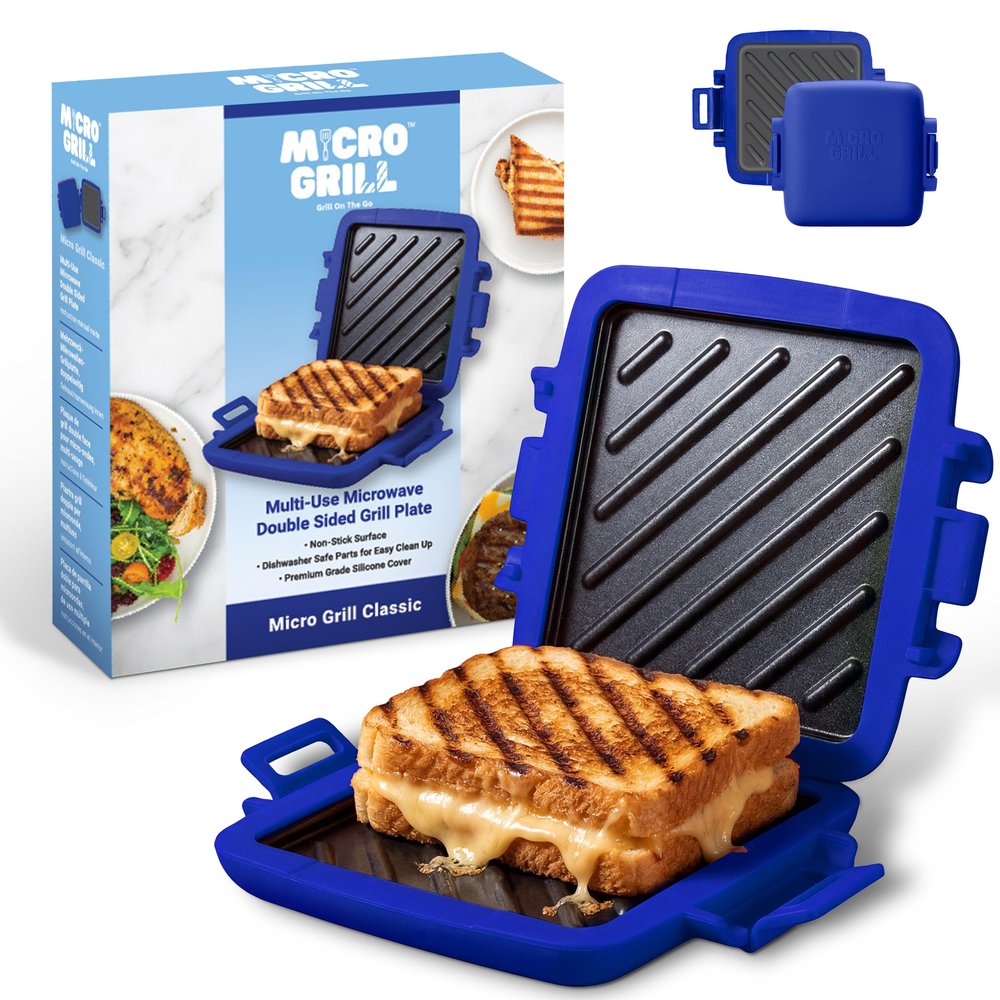 Micro Grill Classic Microwave Sandwich Maker, Microwave Grill, Toaster, 3 Minute Grilled Cheese Sandwich Maker, Thick Silicone Cover, Safe Food Grade, Panini Press, Dishwasher Safe (Blue, Regular)