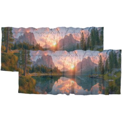 TEOTKOEXLA Scenic, Kitchen Curtain and Valances Mountain Lake View Sunny Day Nature Picture Green Blue Brown Rod Pocket Valance Curtain for Bedroom, 54x18inch(2Pcs)