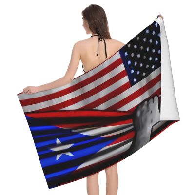 Beach Towel Oversized, Puerto-Rico Puerto Rican and USA American Flag (1) Microfiber Bath Towel Vintage Beach Blanket Lightweight Thin Towels One Size