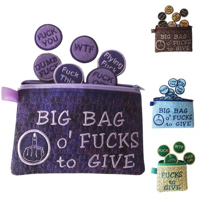 Big Bag of F * cks to Give Zipper Pouch - F*ck Pocket Tokens with Different Words, 17 Different Embroidered Badge Coins (purple)