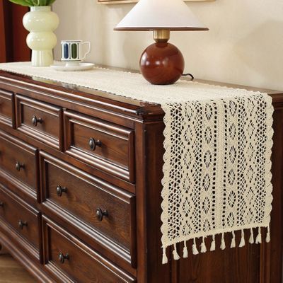 TQQEPOOL Boho Crochet Table Runner, Vintage Farmhouse Bohemian Macrame Table Runner for Kitchen Coffee Dining Table Buffet Dresser Decor(Fretwork O,160cm)
