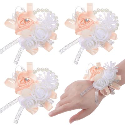 M METERXITY 3-Pack Corsage Wristlet Bracelet, Elastic Pearl Wrist Corsage Bands Wristlets, Bridal Wrist Flower Hand Flower Decor for Wedding Bride Handmade Corsage [Champagne]