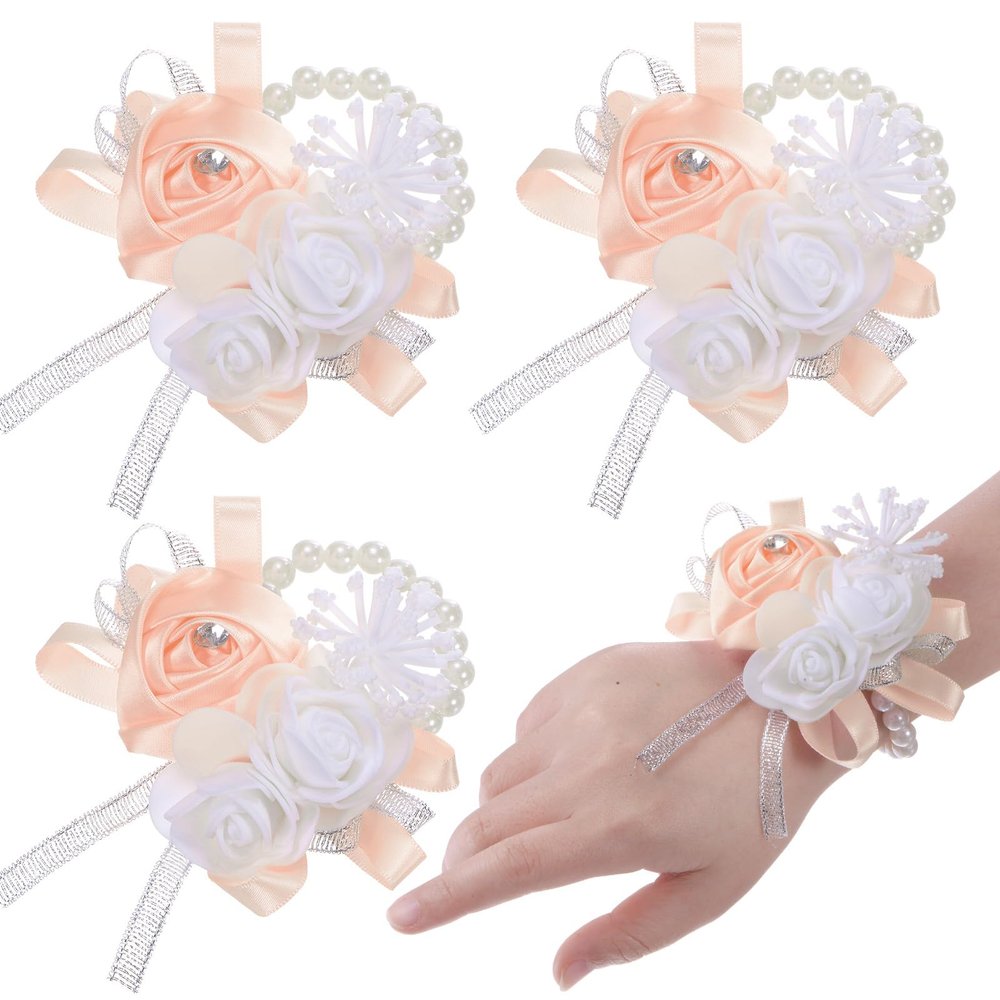 M METERXITY 3-Pack Corsage Wristlet Bracelet, Elastic Pearl Wrist Corsage Bands Wristlets, Bridal Wrist Flower Hand Flower Decor for Wedding Bride Handmade Corsage [Champagne]