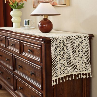 TQQEPOOL Boho Crochet Table Runner, Vintage Farmhouse Bohemian Macrame Table Runner for Kitchen Coffee Dining Table Buffet Dresser Decor(Fretwork N,180cm)