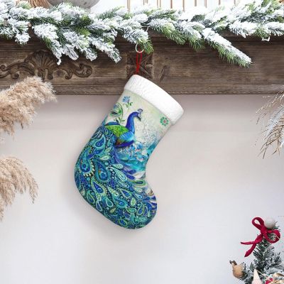 DSSWTP Peacocks and Flowers Christmas Stockings 18 Inch Classic White Super Soft Plush Cuff Xmas Stockings for Christmas Tree Family Holiday Party Stairs Fireplace Hanging Home Decorations Gift