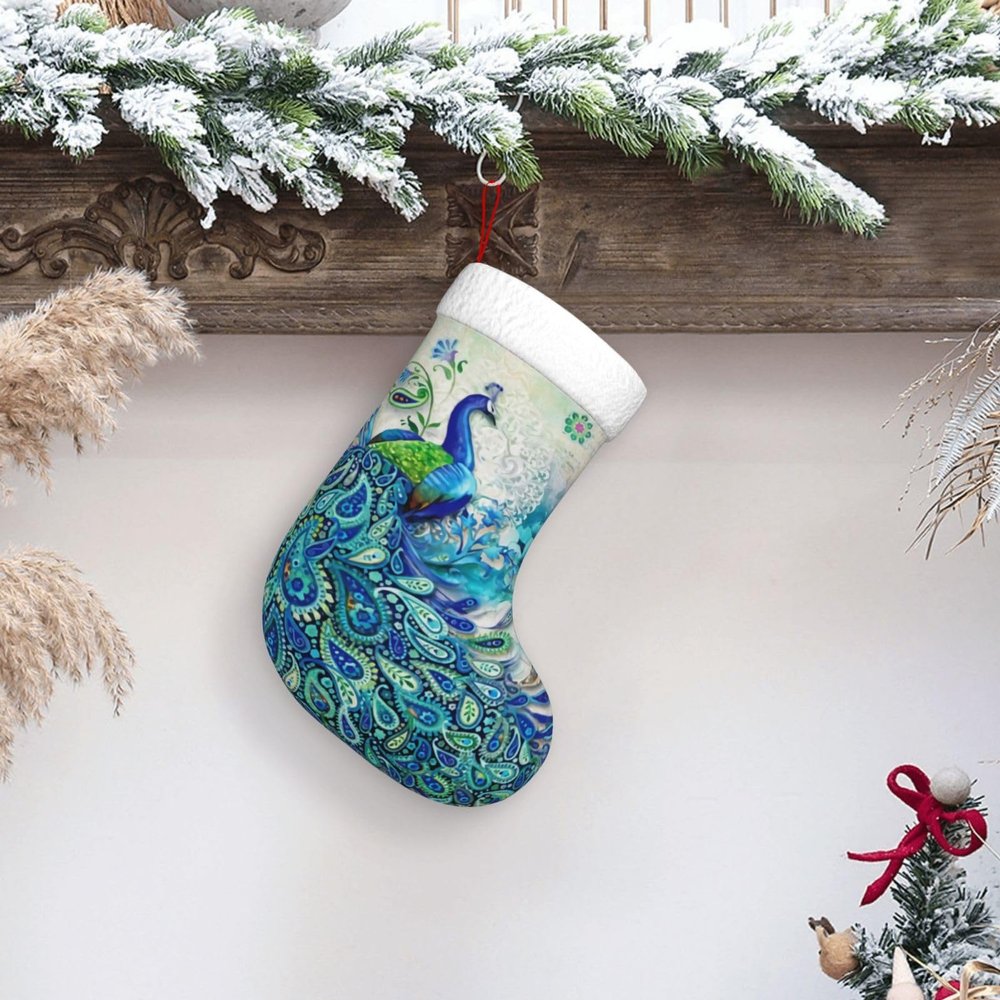 DSSWTP Peacocks and Flowers Christmas Stockings 18 Inch Classic White Super Soft Plush Cuff Xmas Stockings for Christmas Tree Family Holiday Party Stairs Fireplace Hanging Home Decorations Gift