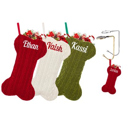 Ulico Custom Pet Christmas Stocking, Large Personalized Embroidered Name Stocking for Dogs Cats,Bone Shape Stockings,Xmas Decorations Fireplace Hanging Stockings Family Holiday Stockings 4 Pcs