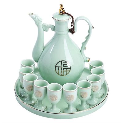 Antique Celadon Porcelain Disc Goblet Wine Gift Set Chinese Wine Pot Shot Glasses Set