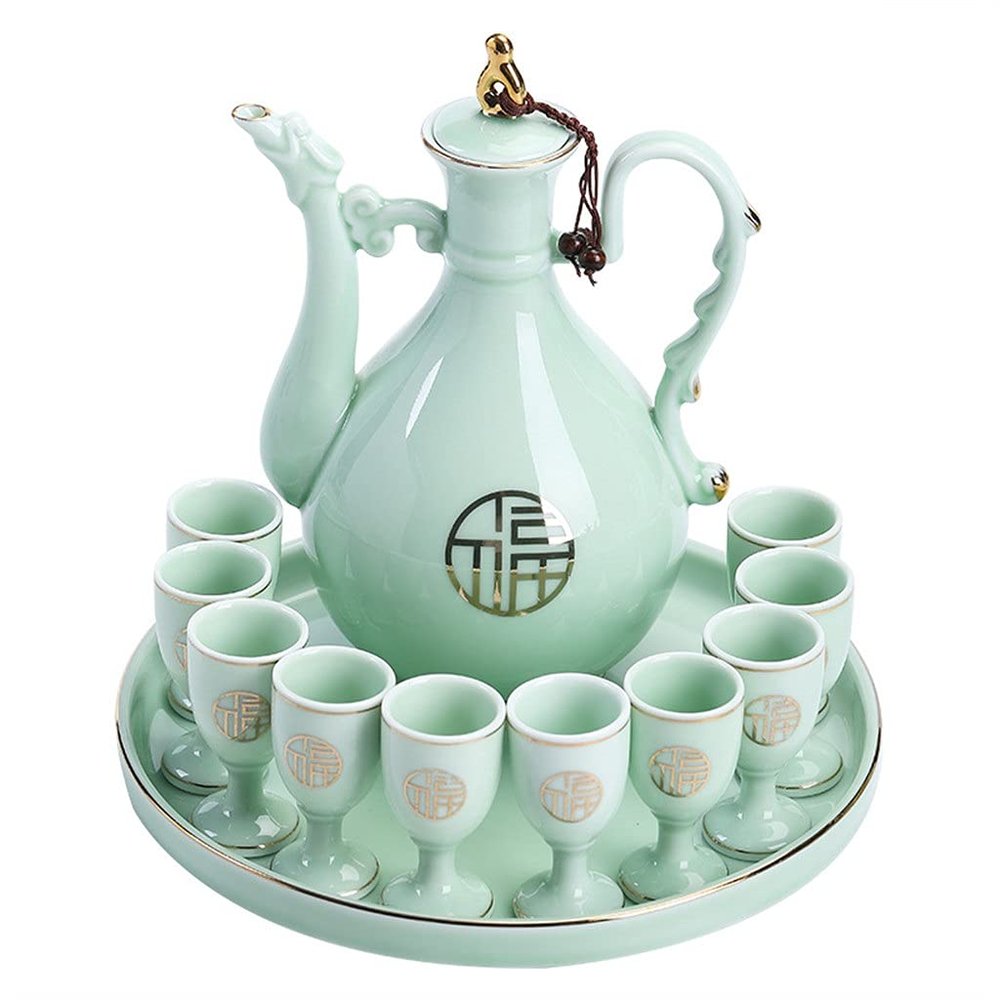 Antique Celadon Porcelain Disc Goblet Wine Gift Set Chinese Wine Pot Shot Glasses Set