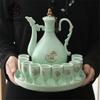 Antique Celadon Porcelain Disc Goblet Wine Gift Set Chinese Wine Pot Shot Glasses Set view 2