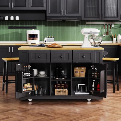 RUNNA Large Kitchen Island with 2 Bar Stools, Power Outlet,Door Internal Storage Rack, Kitchen Storage Cart on 5 Wheels with Drop Leaf, 5 Open Side Racks,3 Drawers, for Kitchen,Dining Room (Black@07)