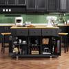 RUNNA Large Kitchen Island with 2 Bar Stools, Power Outlet,Door Internal Storage Rack, Kitchen Storage Cart on 5 Wheels with Drop Leaf, 5 Open Side Racks,3 Drawers, for Kitchen,Dining Room (Black@07) view 1