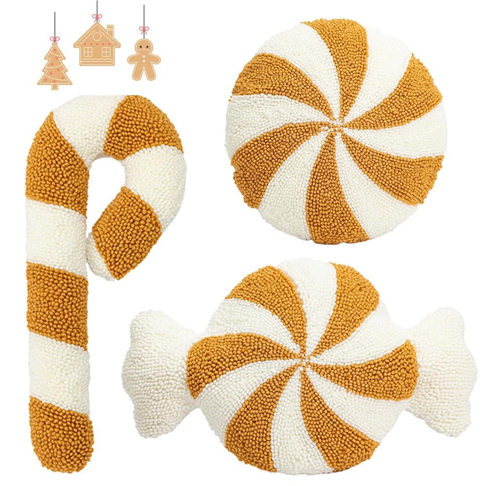 SKINFORD 3 Pcs Christmas Candy Cane Plush Pillow Red White Peppermint Throw Pillow Xmas Red Spiral Lollipop Pillow Cute Christmas Decorations for Sofa Windowsills Sofa Bedroom (Gold)