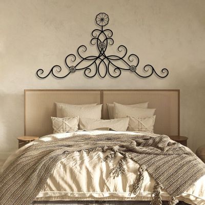 Aportif Metal Scroll Wall Decor, Wrought Iron Scroll Wall Art, Flower Decorations, Minimalist Artwork, Rustic Metal Art, Above Bed Decorations, Bedroom Decor (Black, 30x15 in | 76x38 cm)