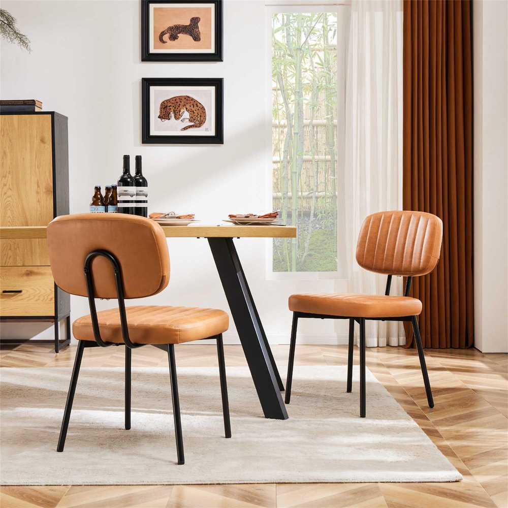 Dining Chairs Set of 2,PU Armless Chair with Cushion Padded,Cross Legs and Backrest,Modern Ergonomic Reading Chair Holds Up to 275lbs Suitable for Living Room,Kitchen (Brown)