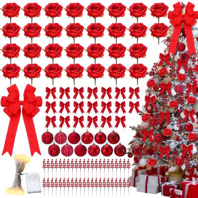 Duraaamo 134 Pcs Rose Christmas Tree Decoration Set Include Faux Red Rose Ornaments Artificial Berries Christmas Balls Ribbon Bows 16.4 ft 50 LED String Lights for Xmas Holiday DIY Crafts (Big)