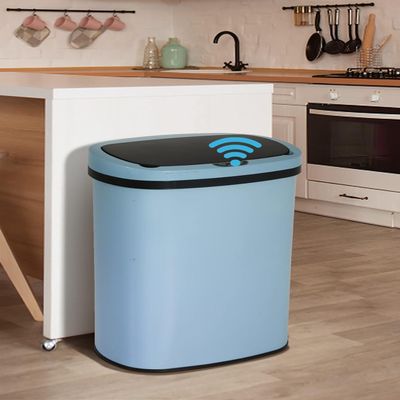 13 Gallon Kitchen Trash Can with Lid,Bathroom Motion Sensor Automatic Trash Can Touchless,Office Stainless Steel Trash Bin,50 Liter Oval Metal Garbage Can (Blue)