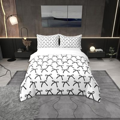 100% Cotton Bowknot Duvet Cover Full Size 3 Pcs Cartoon Watercolor Black Bowknot Bedding Set for Kids Teens Adults Modern Simple Style Stripes Quilt Cover,2 Pillowcases(No Comforter)