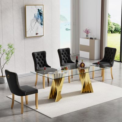 Henf Luxury Glass Dining Table Set for 4,5 Piece Glass Kitchen and Dining Room Table Set for 4, Modern Gold Dining Table and 4 Black Velvet Upholstered Chairs w/Stainless Steel Legs Nailhead Trim