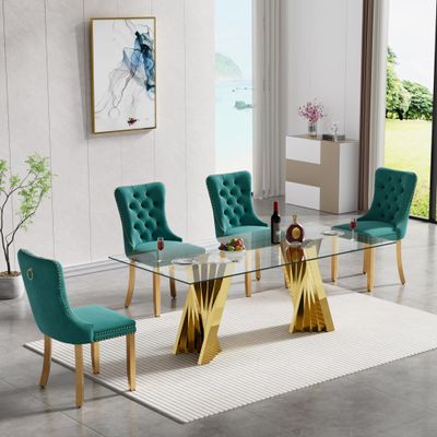 Henf Luxury Glass Dining Table Set for 4,5 Piece Glass Kitchen and Dining Room Table Set for 4, Modern Gold Dining Table and 4 Green Velvet Upholstered Chairs w/Stainless Steel Legs Nailhead Trim