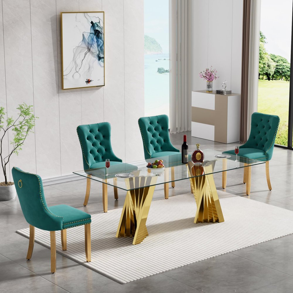 Henf Luxury Glass Dining Table Set for 4,5 Piece Glass Kitchen and Dining Room Table Set for 4, Modern Gold Dining Table and 4 Green Velvet Upholstered Chairs w/Stainless Steel Legs Nailhead Trim