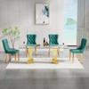 Henf Luxury Glass Dining Table Set for 4,5 Piece Glass Kitchen and Dining Room Table Set for 4, Modern Gold Dining Table and 4 Green Velvet Upholstered Chairs w/Stainless Steel Legs Nailhead Trim view 2