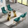 Henf Luxury Glass Dining Table Set for 4,5 Piece Glass Kitchen and Dining Room Table Set for 4, Modern Gold Dining Table and 4 Green Velvet Upholstered Chairs w/Stainless Steel Legs Nailhead Trim view 3