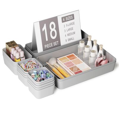Homhut 18 pcs Desk Drawer Organizer Tray, Multiple Sizes Plastic Drawer Organizer Storage, Stackable Organizer Containers For Makeup, Bedroom, Kitchen Gadgets Utensils and Office