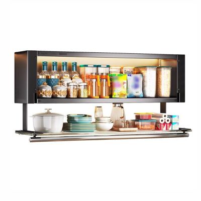 SDdPulse Pull Down Heavy Duty Shelf Organizer with Explosion-Proof Glass Cabinet Door, Wall Cabinet Storage Spice Rack, for Tall Kitchen/Bathroom Cabinets,Black-70cm/27.6in