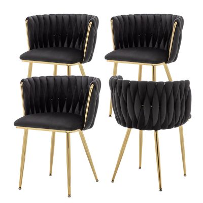 ECHINGLE Velvet Dining Chairs Set of 4, Modern Upholstered Woven Dining Chairs with Gold Metal Legs, Modern Accent Chairs for Dining Room, Vanity, Kitchen, Living Room(Black)