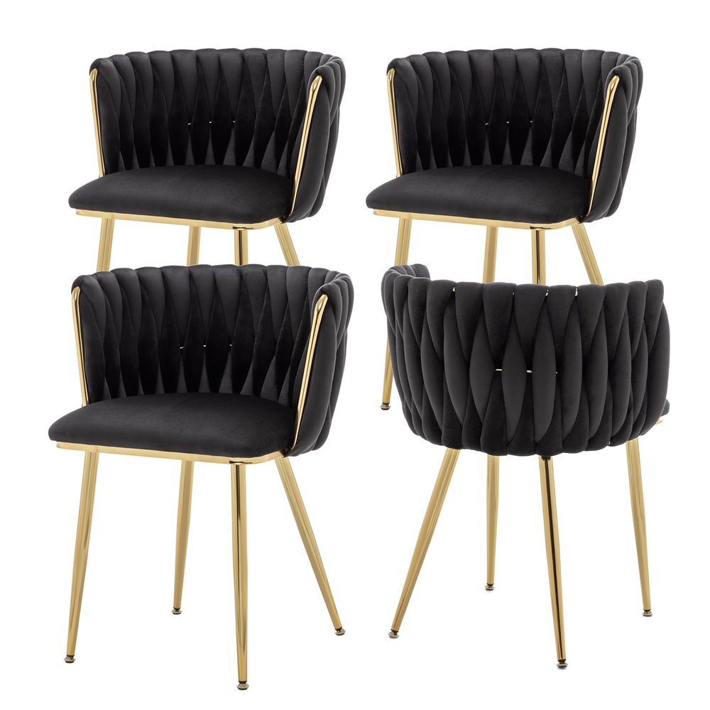 ECHINGLE Velvet Dining Chairs Set of 4, Modern Upholstered Woven Dining Chairs with Gold Metal Legs, Modern Accent Chairs for Dining Room, Vanity, Kitchen, Living Room(Black)